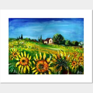 SUNFLOWERS AND COUNTRYSIDE IN TUSCANY LANDSCAPE Posters and Art